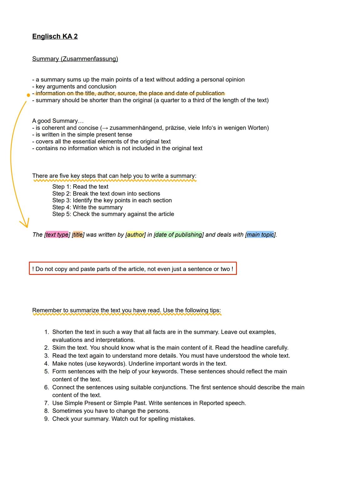 Englisch KA 2
Summary (Zusammenfassung)
- a summary sums up the main points of a text without adding a personal opinion
- key arguments an