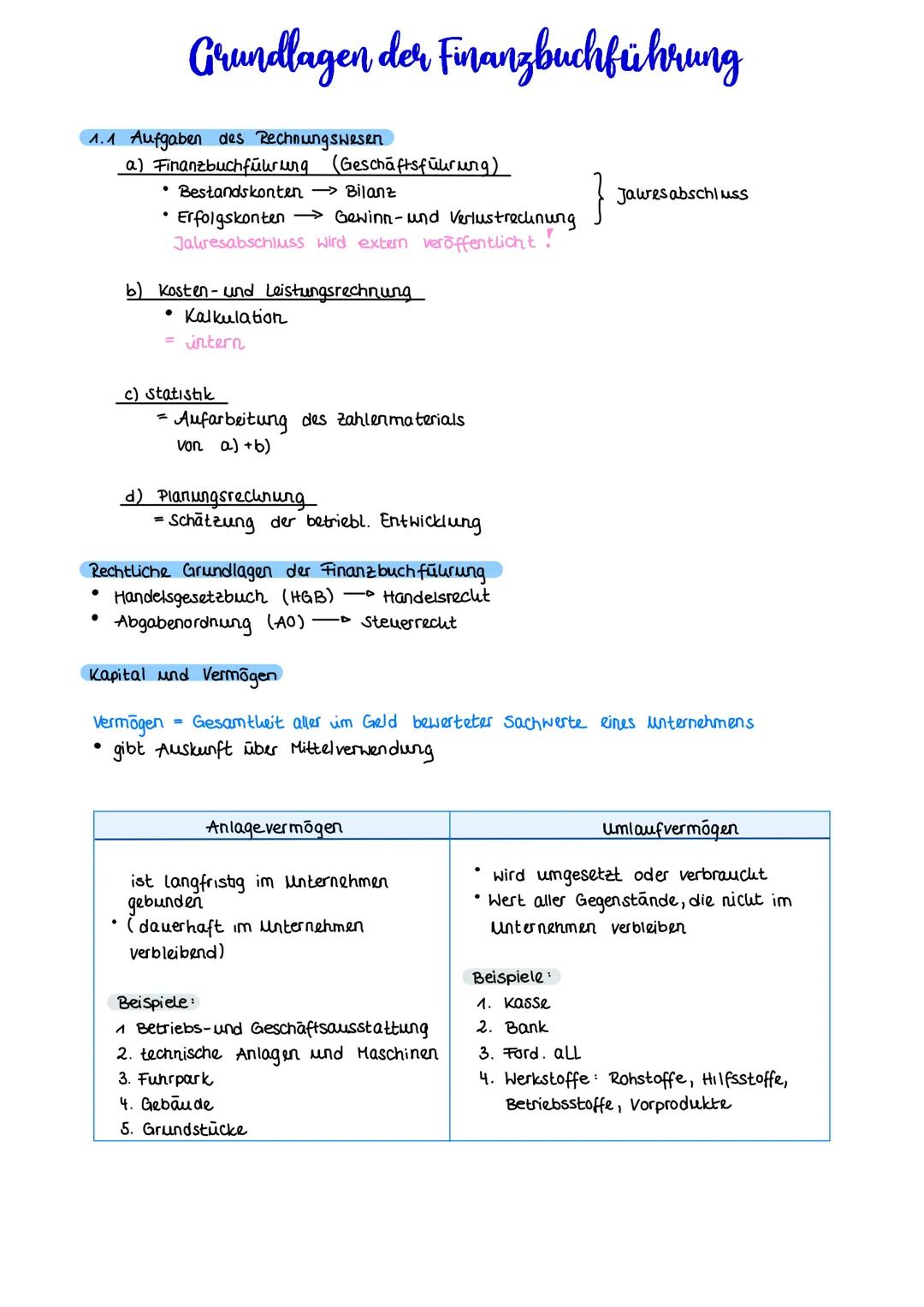 Grundlagen der Finanzbuchführung
1.1 Aufgaben des Rechnungswesen
a) Finanzbuchführung (Geschäftsführung)
• Bestandskonten Bilanz
Erfolgskont