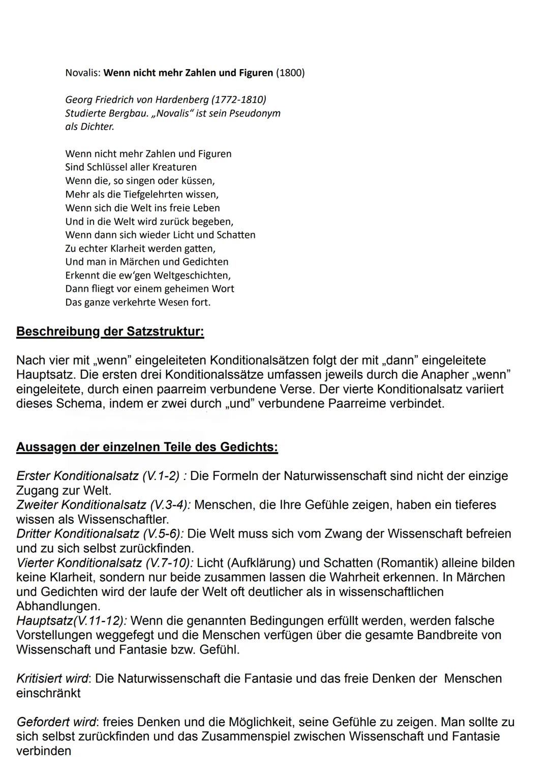 Novalis: Wenn nicht mehr Zahlen und Figuren (1800)
Georg Friedrich von Hardenberg (1772-1810)
Studierte Bergbau.,,Novalis" ist sein Pseudony