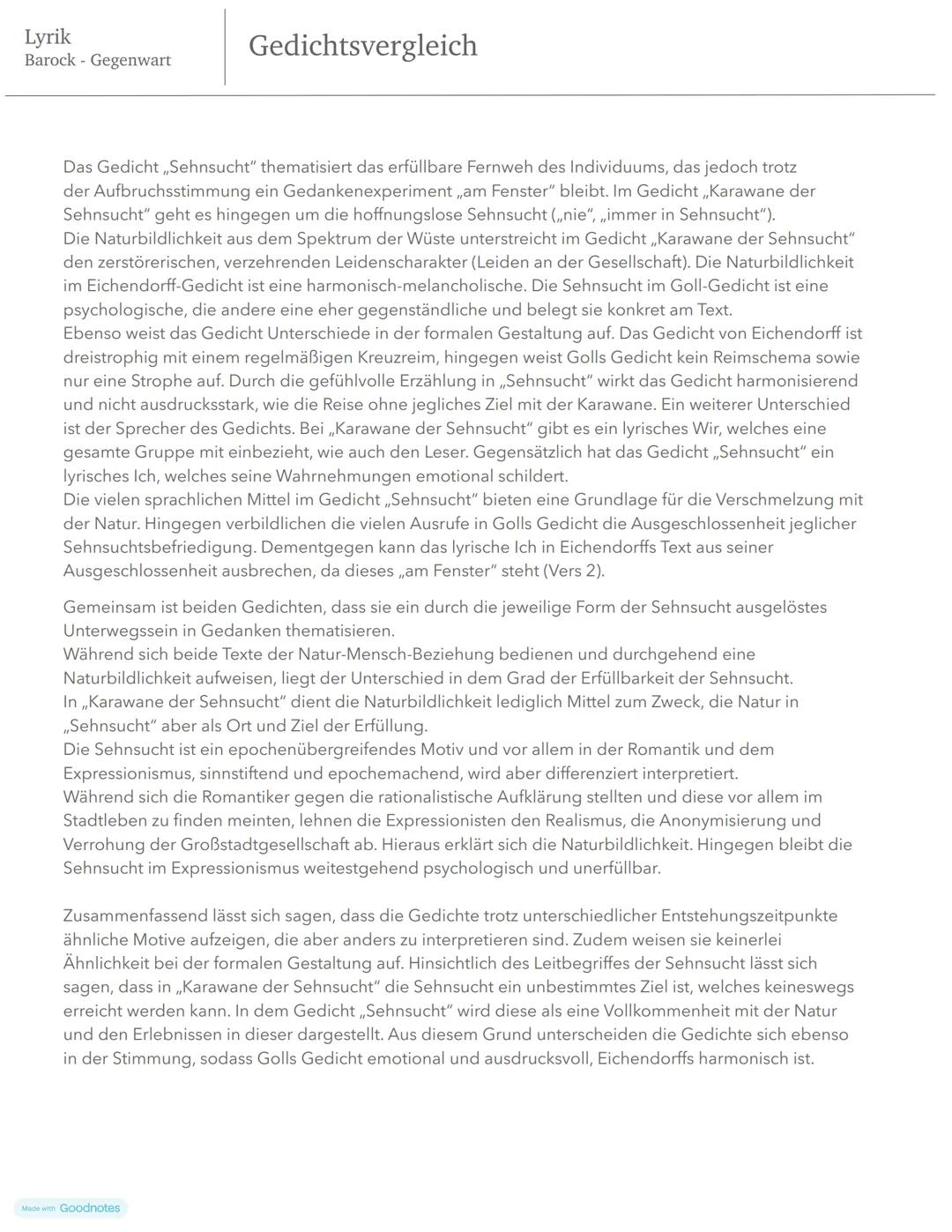 Lyrik
Barock Gegenwart
Gedichtsvergleich
Das Gedicht,,Karawane der Sehnsucht" von Iwan Goll aus dem Jahre 1919 thematisiert die niemals
voll