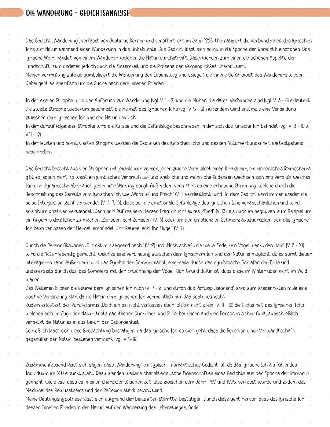 Die Wanderung von Justinus Kerner Gedichtsanalyse Gedicht aus der Epoche der Romantik