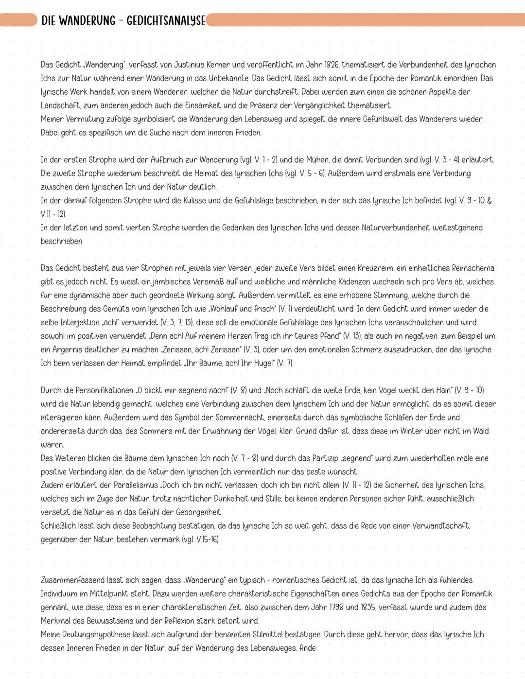 DIE WANDERUNG - GEDICHTSANALYSE
Das Gedicht Wanderung". verfasst von Justinius Kerner und veröffentlicht im Jahr 1826. thematisiert die Verb