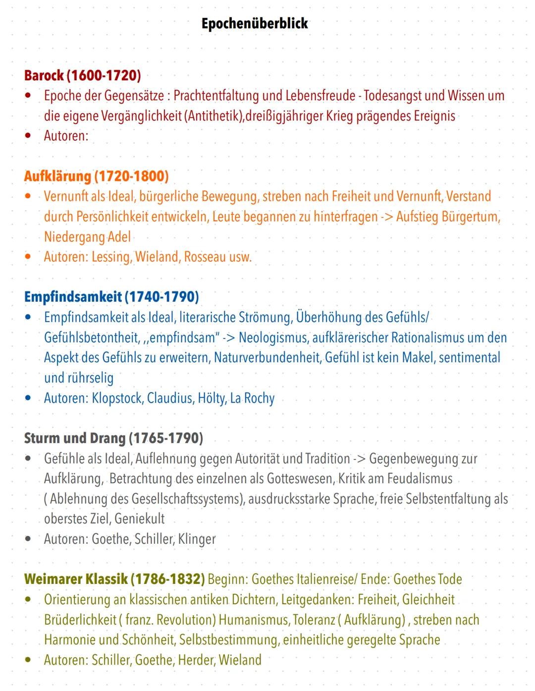 # Epochenüberblick
Barock (1600-1720)
- Epoche der Gegensätze: Prachtentfaltung und Lebensfreude - Todesangst und Wissen um
die eigene Ver