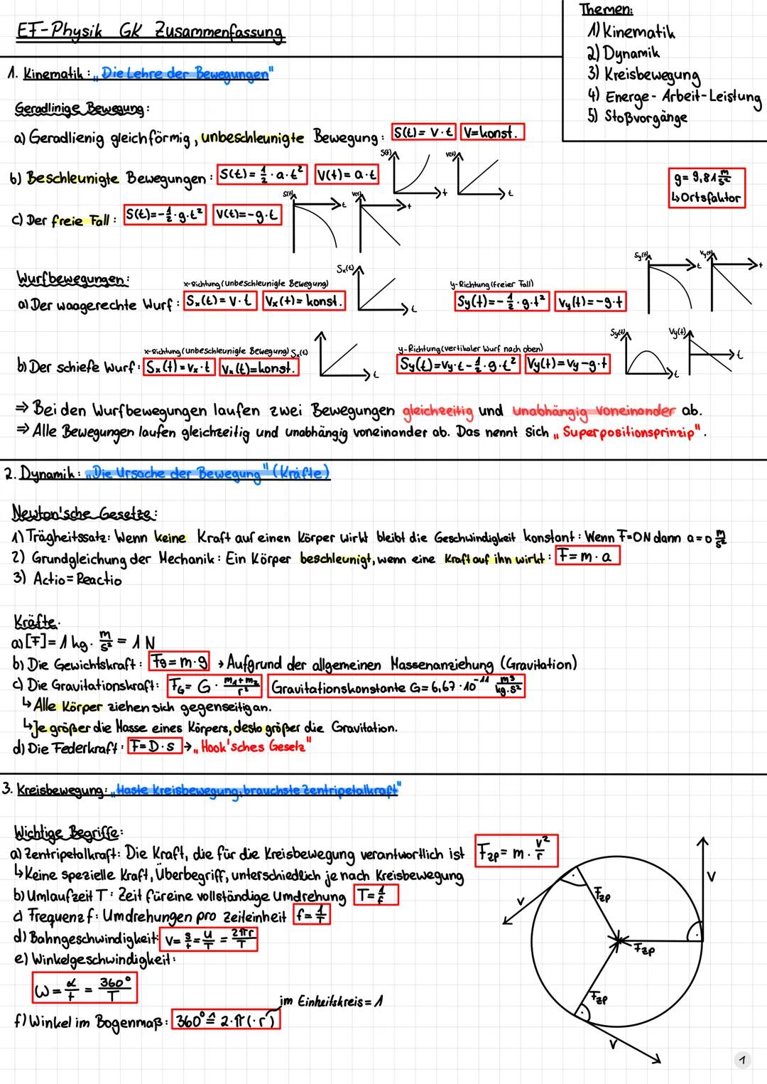 EF-Physik GK Zusammenfassung
1. Kinematik Die Lehre der Bewegungen"
Geradlinige Bewegung:
a) Geradlienig gleichförmig, unbeschleunigte Beweg