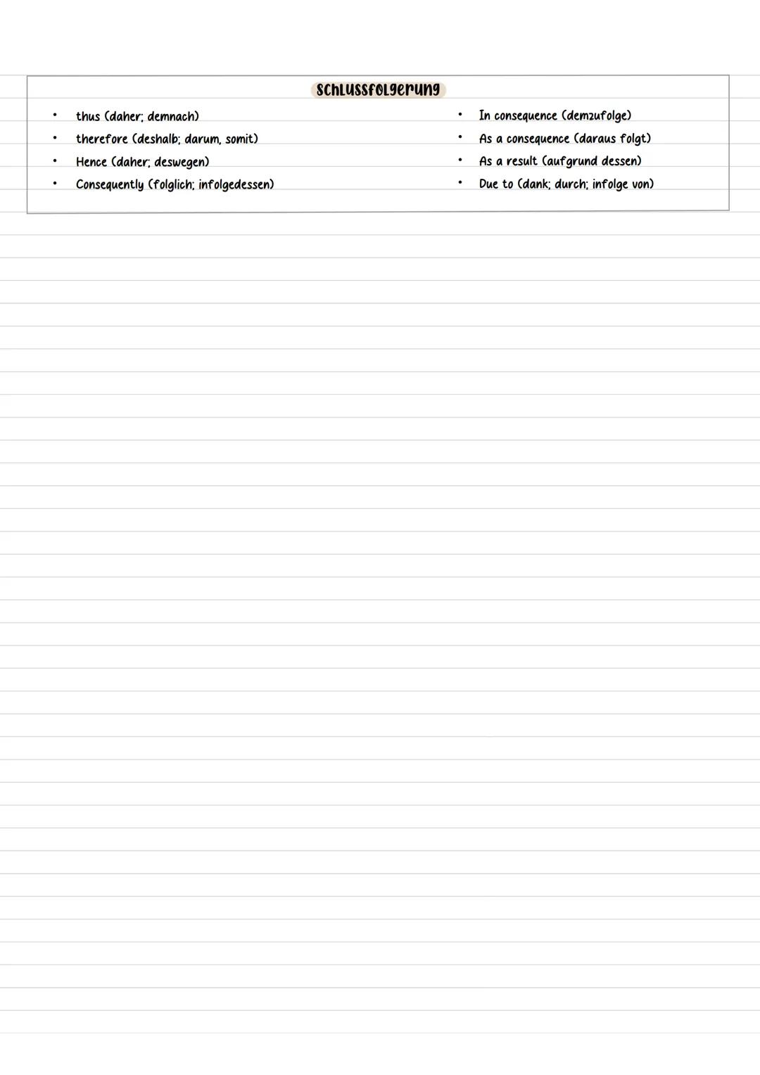 # Linking words
* firstly (erstens)
* Secondly (zweitens)
* Thirdly (drittens)
* Next (als nächstes)
## struktur und ordnung
*