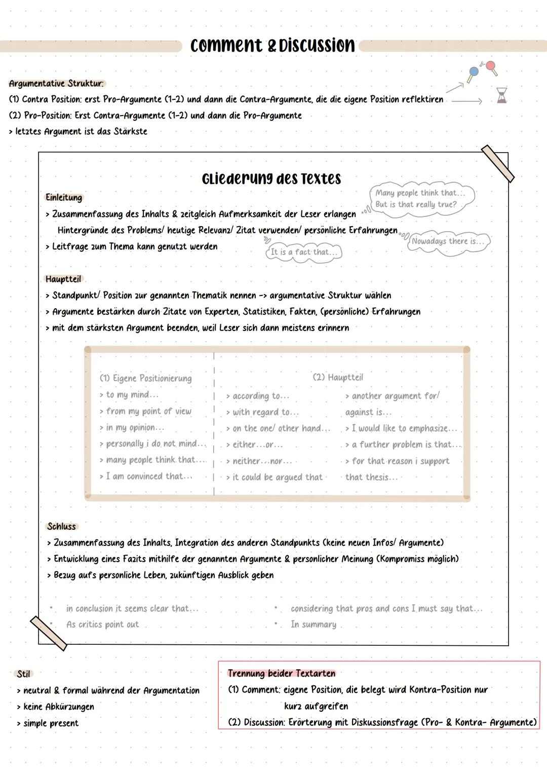 comment & Discussion
Argumentative Struktur:
(1) Contra Position: erst Pro-Argumente (1-2) und dann die Contra-Argumente, die die eigene Pos