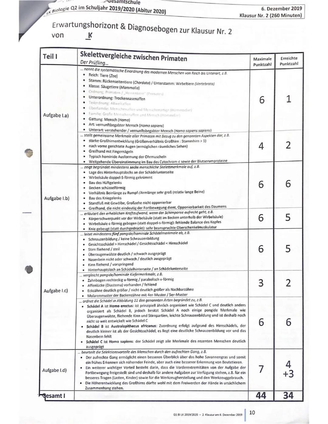 Gesamtschule
LK Biologie Q2 im Schuljahr 2019/2020 (Abitur 2020)
6. Dezember 2019
Klausur Nr. 2 (260 Minuten)
Erster Teil: Skelettvergleich
