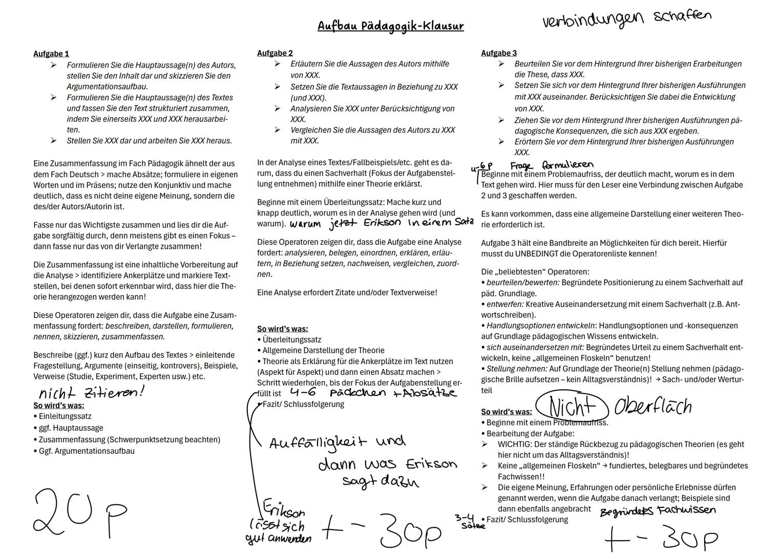 Aufbau Pädagogik-Klausur
verbindungen schaffen
Aufgabe 1
Formulieren Sie die Hauptaussage(n) des Autors,
stellen Sie den Inhalt dar und skiz