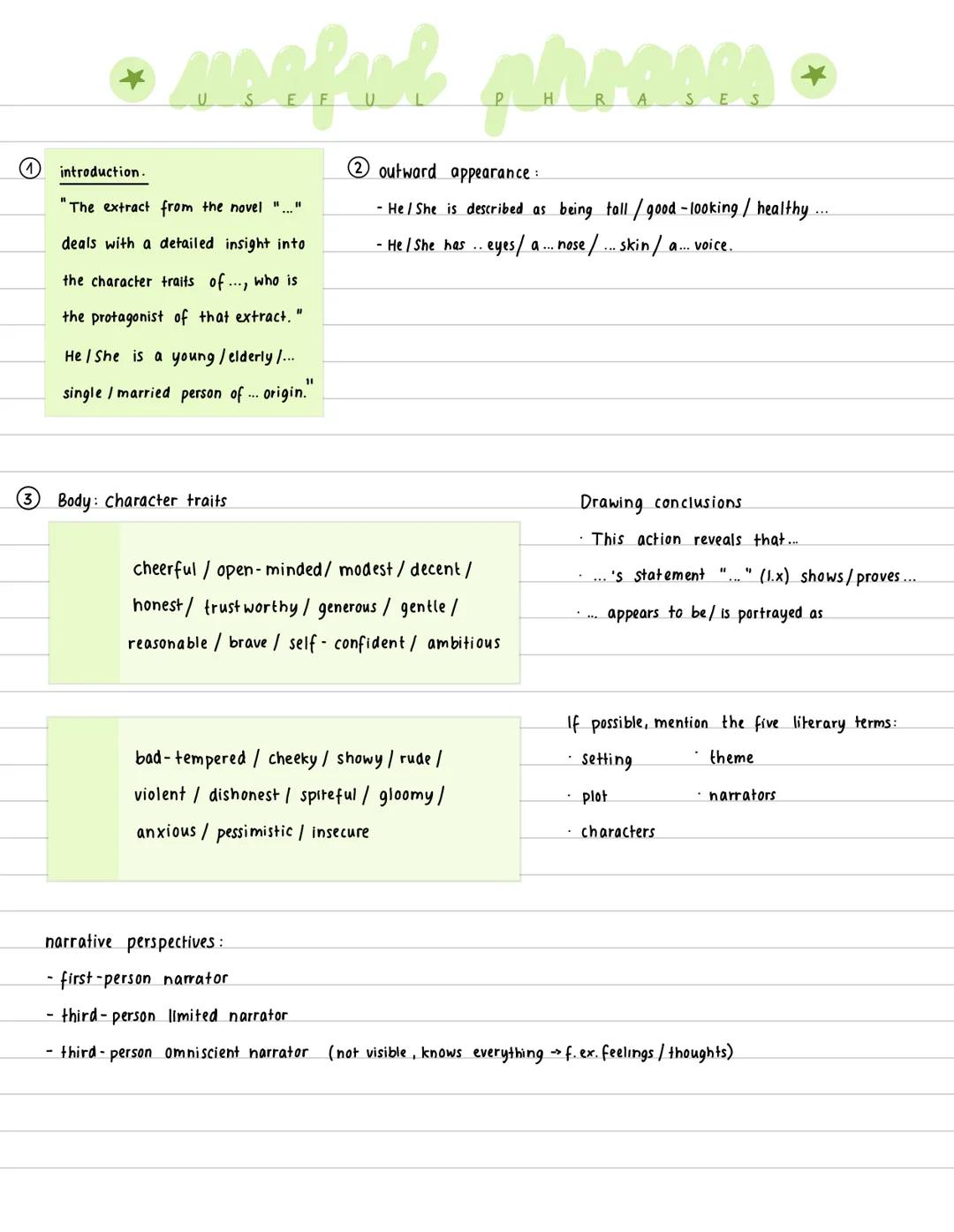 Characterisation
basic vocabulary:
types of characters protagonist, antagonist,
flat character (doesn't change, no depth),
round character (
