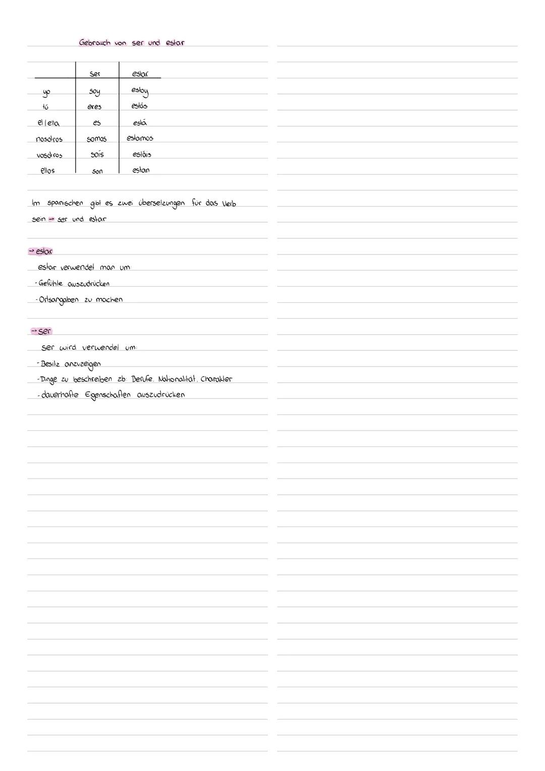 Gebrauch von ser und estar
Ser
estar
yo
soy
estoy
tú
eres
estás
ellella
es
está
nosotros
Somas
estamos
vosotros
soís
estáis
ellos
Son
estan