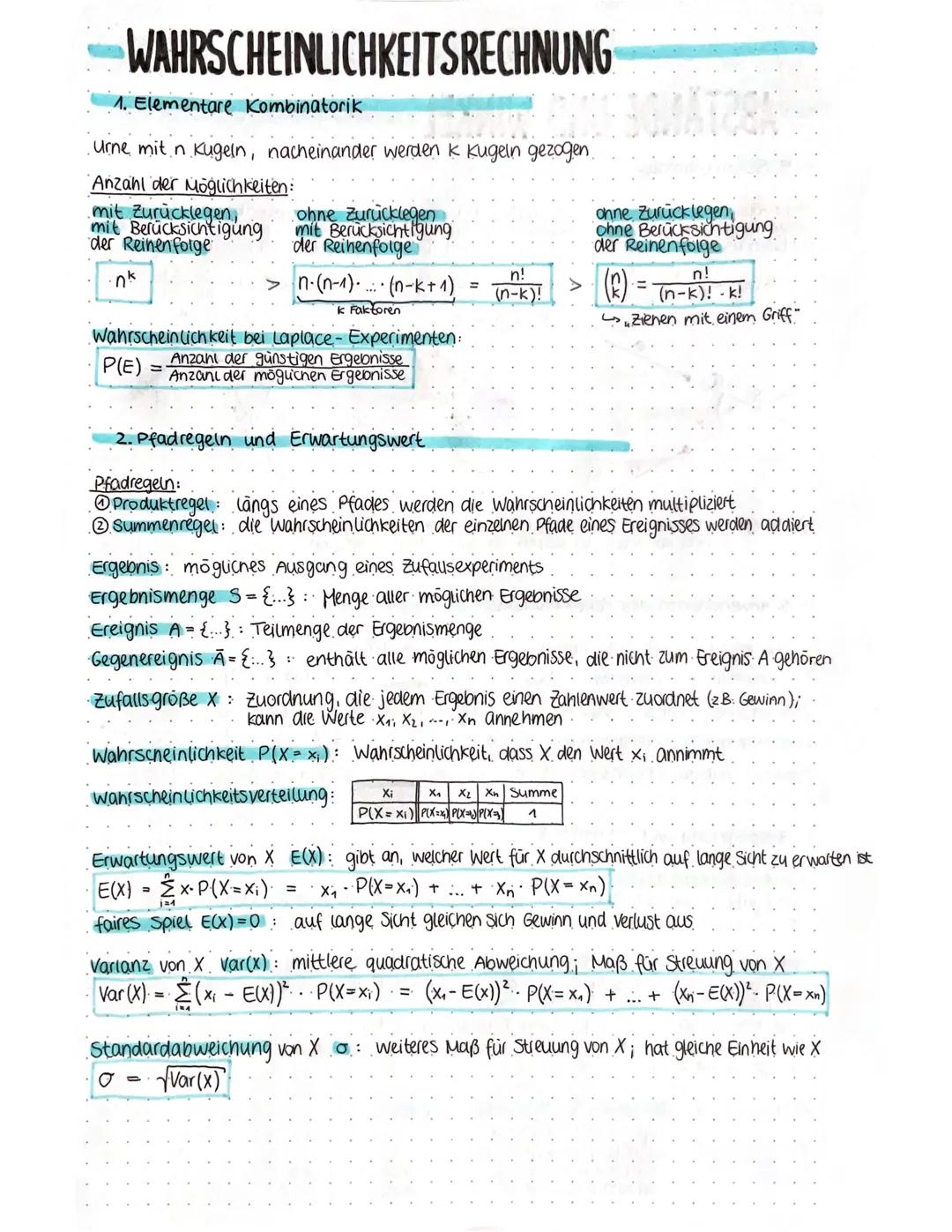 WAHRSCHEINLICHKEITSRECHNUNG
1. Elementare Kombinatorik
•urne mit n Kugeln, nacheinander werden k Kugeln gezogen.
Anzahl der Möglichkeiten:
m
