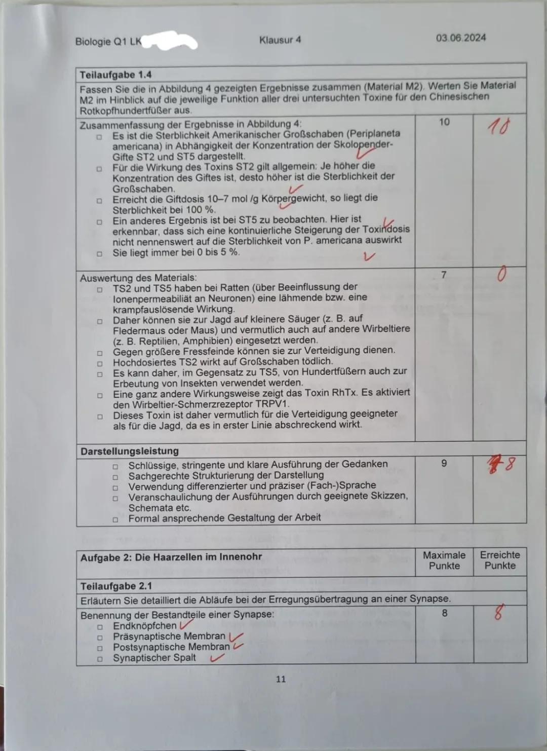 Biologie Q1 LK
Name:
Neurobiologie
Klausur 4
225 Minuten
03.06.2024
Aufgabe 1: Das Gift der Hundertfüßer
1.1
Zeichnen Sie schematisch eine N