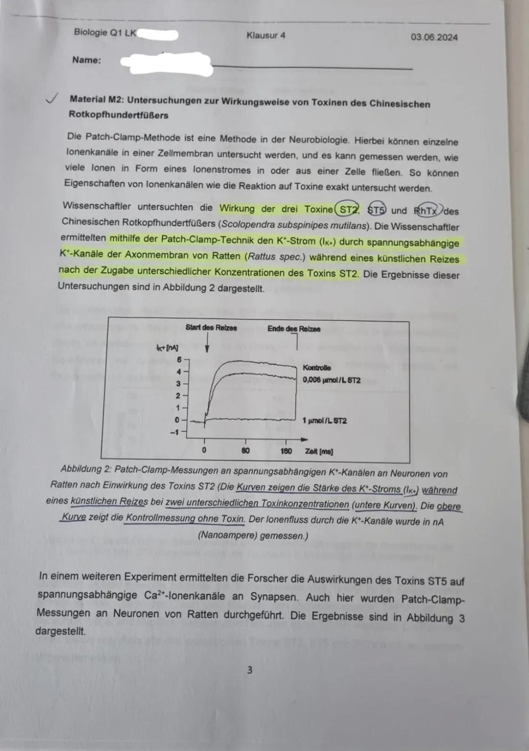 Biologie Q1 LK
Name:
Neurobiologie
Klausur 4
225 Minuten
03.06.2024
Aufgabe 1: Das Gift der Hundertfüßer
1.1
Zeichnen Sie schematisch eine N