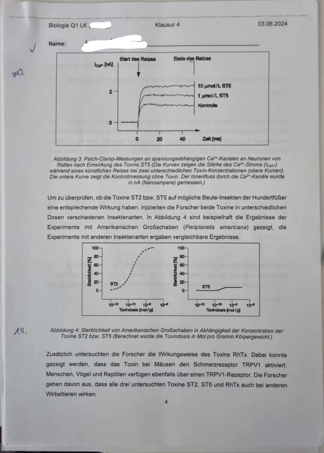 Biologie Q1 LK
Name:
Neurobiologie
Klausur 4
225 Minuten
03.06.2024
Aufgabe 1: Das Gift der Hundertfüßer
1.1
Zeichnen Sie schematisch eine N