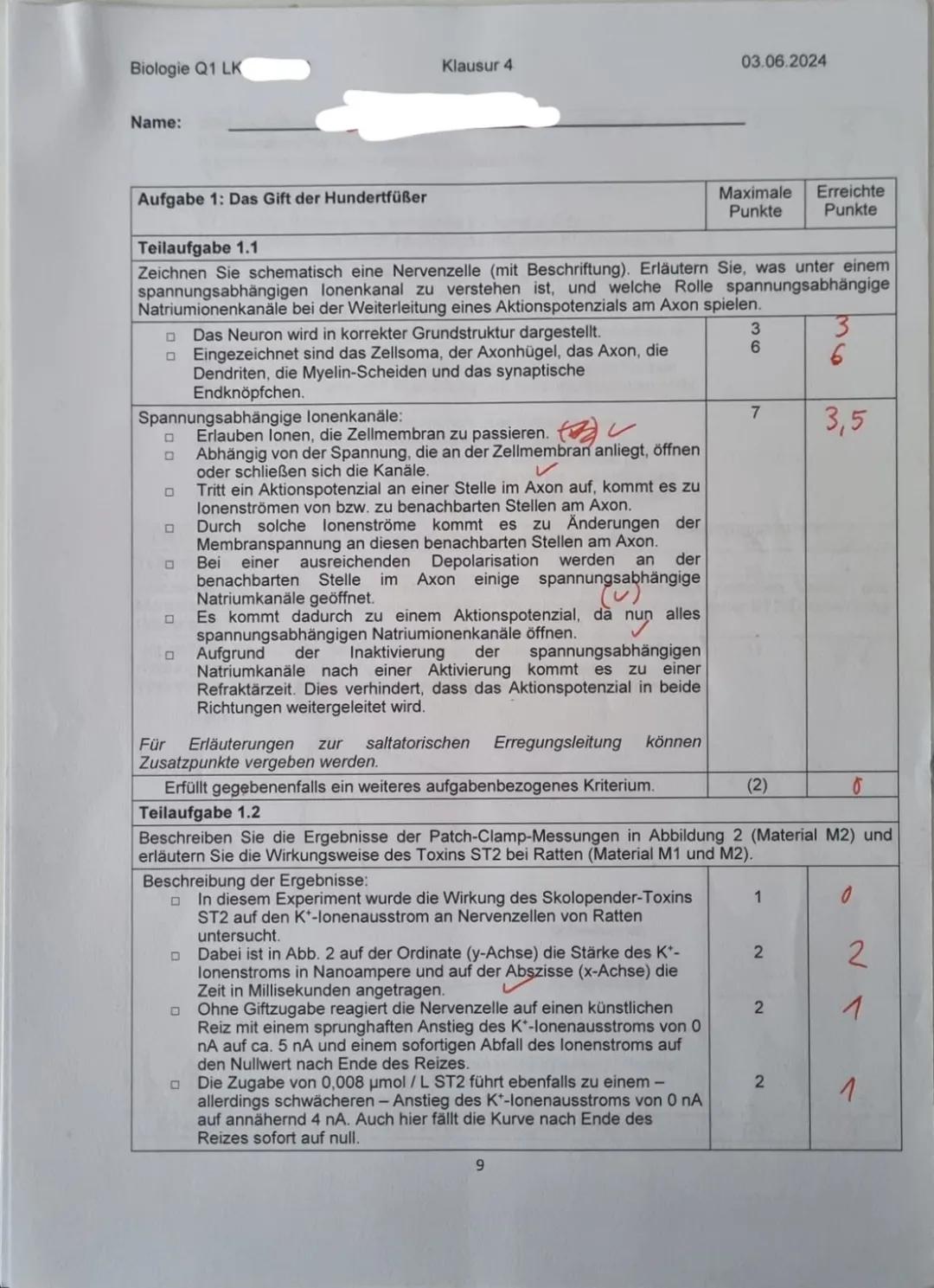 Biologie Q1 LK
Name:
Neurobiologie
Klausur 4
225 Minuten
03.06.2024
Aufgabe 1: Das Gift der Hundertfüßer
1.1
Zeichnen Sie schematisch eine N