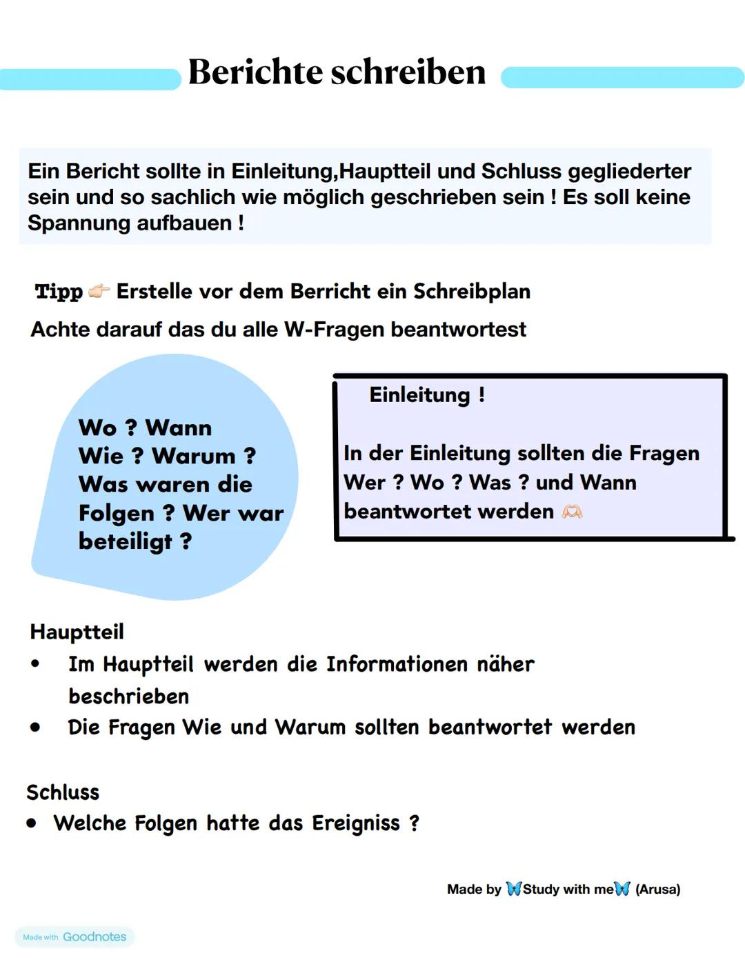 # Berichte schreiben
Ein Bericht sollte in Einleitung, Hauptteil und Schluss gegliederter
sein und so sachlich wie möglich geschrieben sein