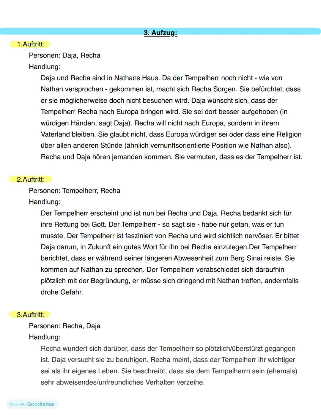 Klausur -
Nathan der Weise # 3. Deutschklausur - Nathan der Weise
## 1 Aufzug:
### 1. Auftritt
Personen: Daja, Nathan
Handlung:
Nathan k