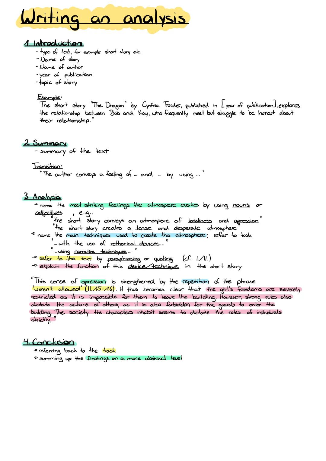 Writing
an analysis
1. Introduction
- type of text, for example short story etc.
-Name of story
- Name of author
-year of publication
-topic