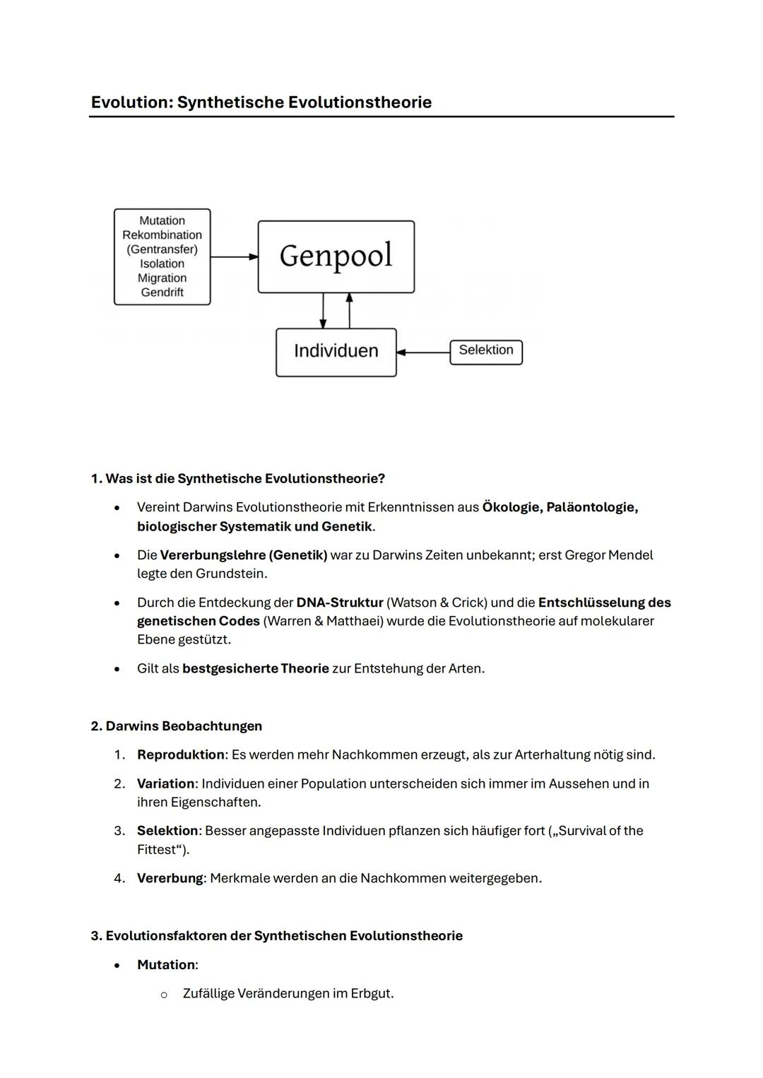# Evolution: Synthetische Evolutionstheorie
Mutation
Rekombination
(Gentransfer)
Isolation
Migration
Gendrift
Genpool
Individuen
Selekti