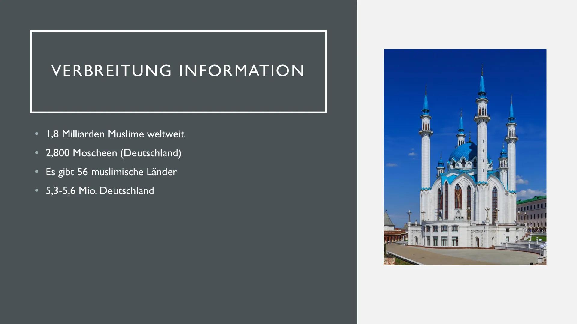 # ISLAM
Von Sara, Ayla und Liva ### INHALTSANGABE
* Länder nach muslimischer Bevölkerung
* Verbreitung Muslime
* Verbreitung Informa