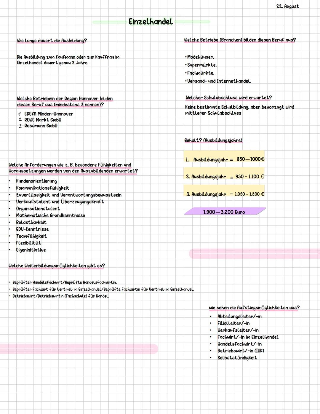 # Einzelhandel
22. August
Wie lange dauert die Ausbildung?
Die Ausbildung zum Kaufmann oder zur Kauffrau im
Einzelhandel dauert genau 3 J