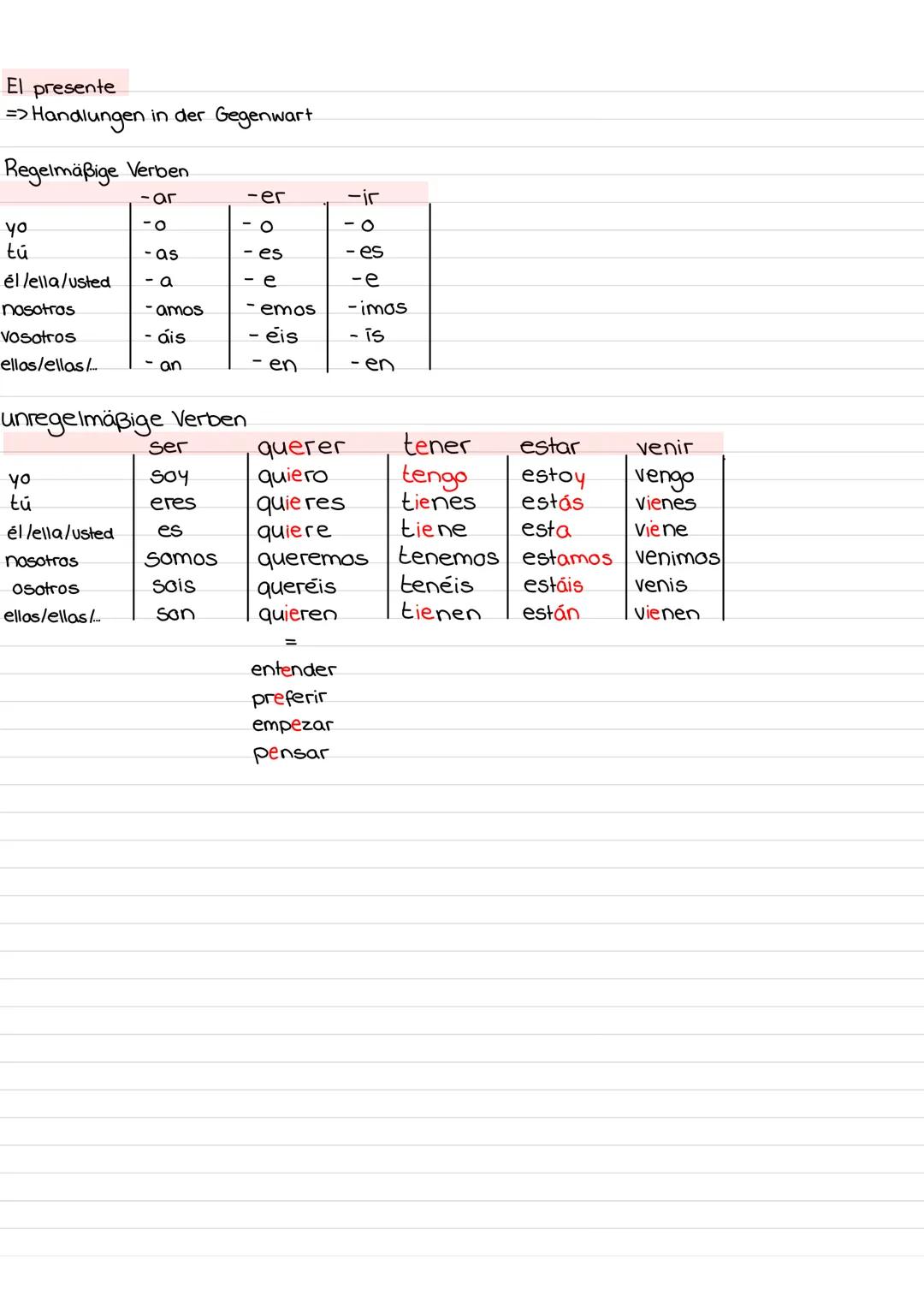 El presente
=> Handlungen in der Gegenwart
Regelmäßige Verben
-ar
-er
-ir
yo
-0
- O
-0
tú
- as
- es
- es
él/ella/usted
- a
- e
-e
nosotros
-