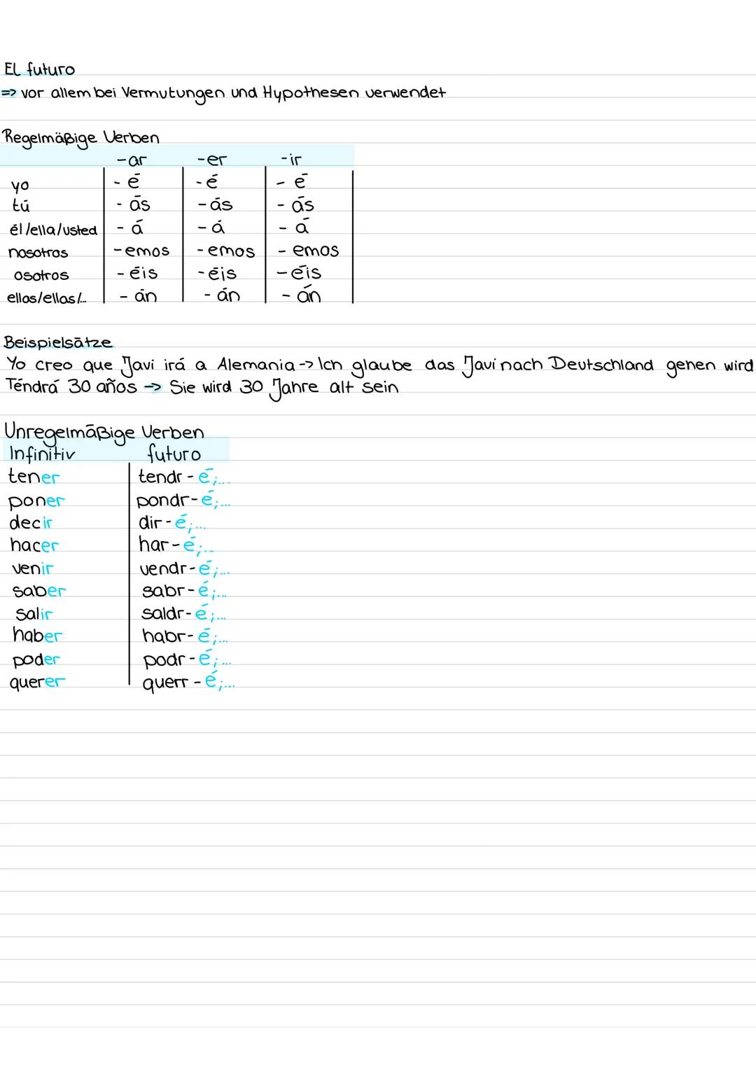 El presente
=> Handlungen in der Gegenwart
Regelmäßige Verben
-ar
-er
-ir
yo
-0
- O
-0
tú
- as
- es
- es
él/ella/usted
- a
- e
-e
nosotros
-