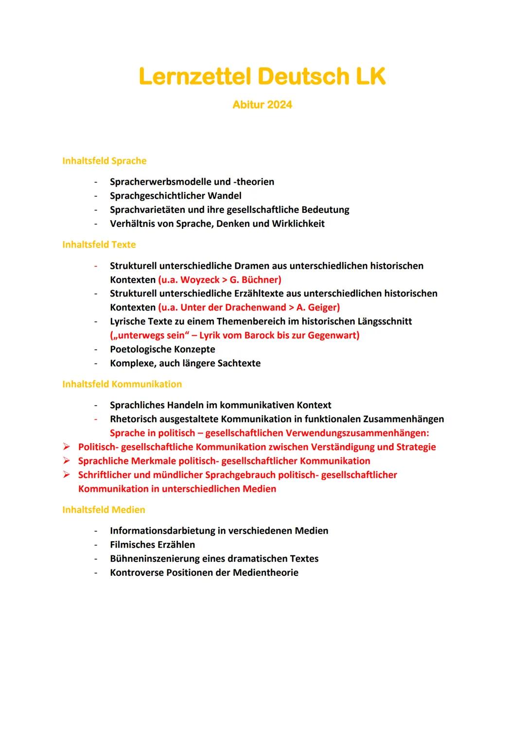 Lernzettel Deutsch LK
Abitur 2024
Inhaltsfeld Sprache
Spracherwerbsmodelle und -theorien
Sprachgeschichtlicher Wandel
Sprachvarietäten und i