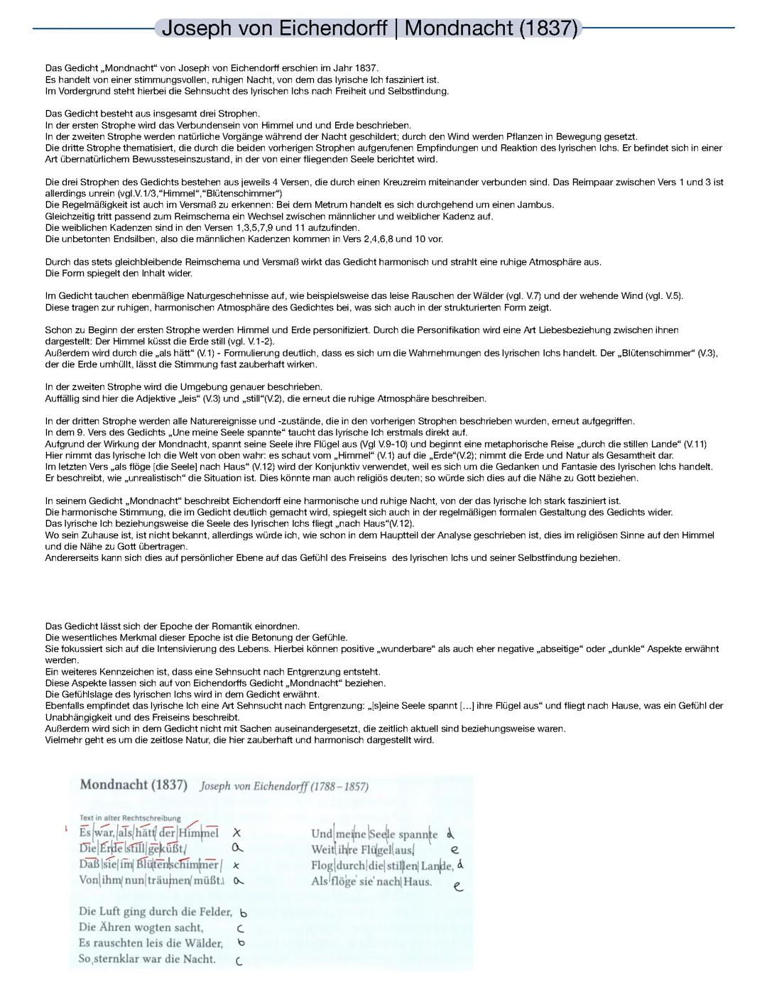 Mondnacht-Joseph von Eichendorff Gedichtanalyse