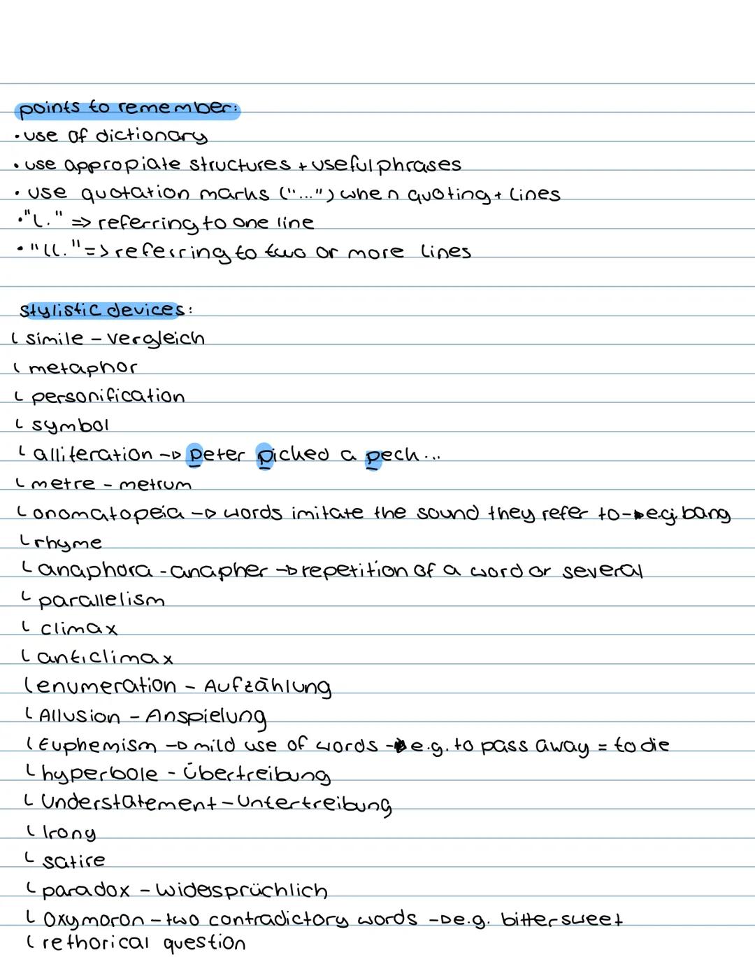 # Englisch.
Literary analysis
Lernzettel
goal: underlying meaning & affect on the reader of a text
examination of:
- central idea/message
-