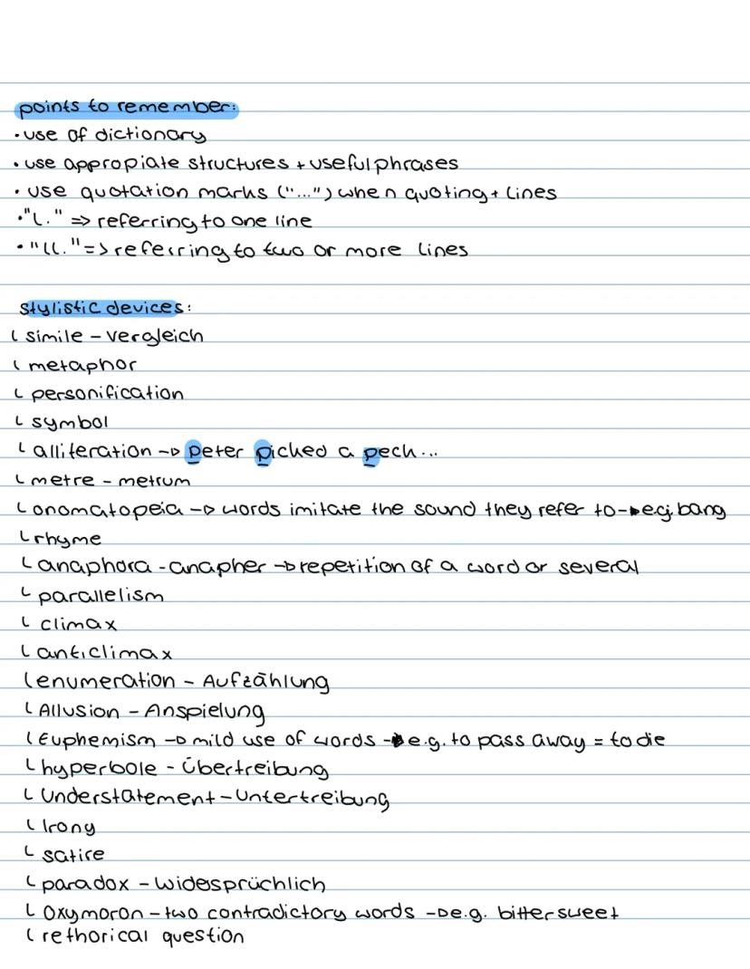 Englisch
Literary analysis
Lernzettel
goal: underlying meaning + affect on the reader of a text
examination of:
· central idea message
• sty