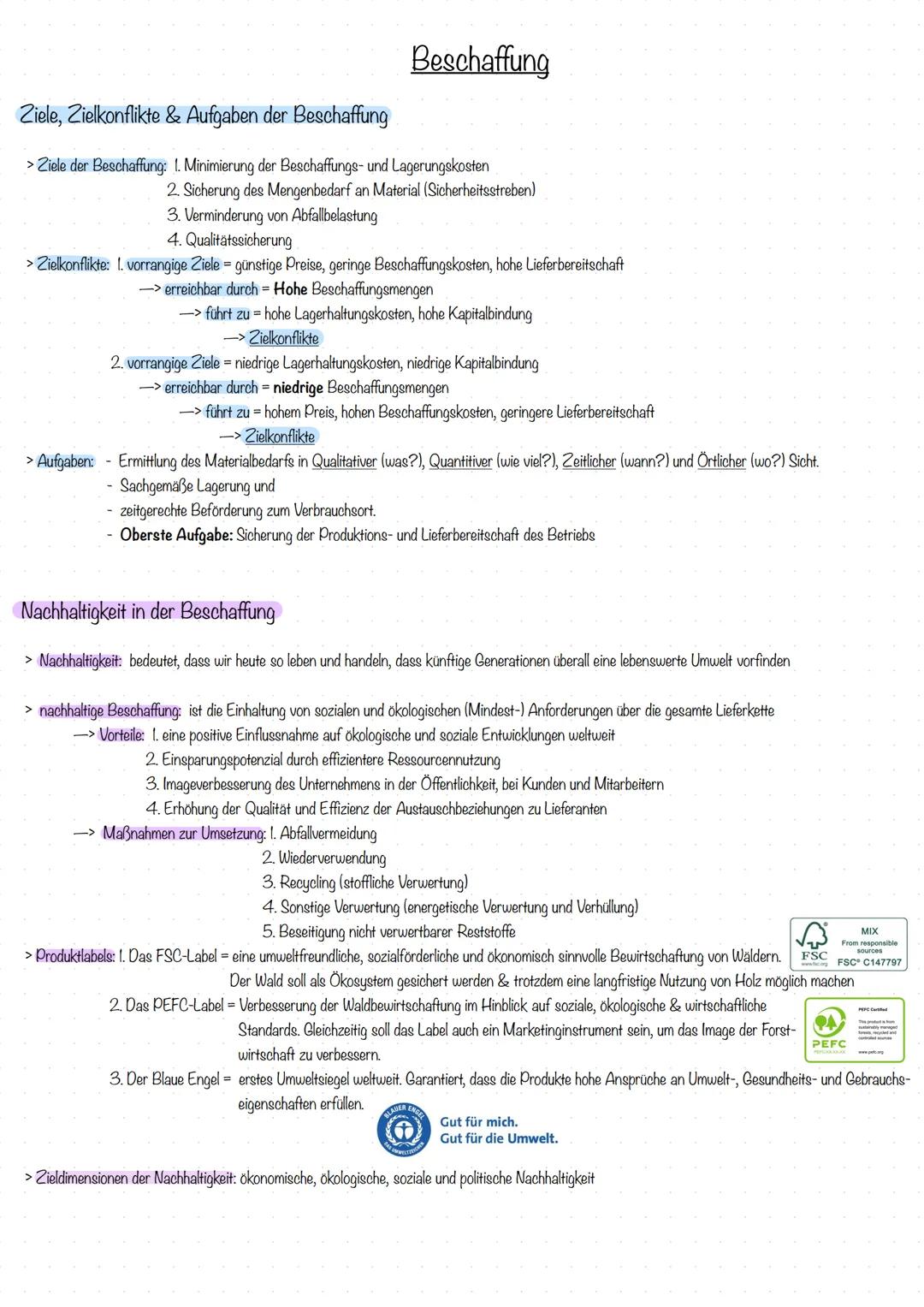 Ziele, Zielkonflikte & Aufgaben der Beschaffung
Beschaffung
> Ziele der Beschaffung: 1. Minimierung der Beschaffungs- und Lagerungskosten
2.