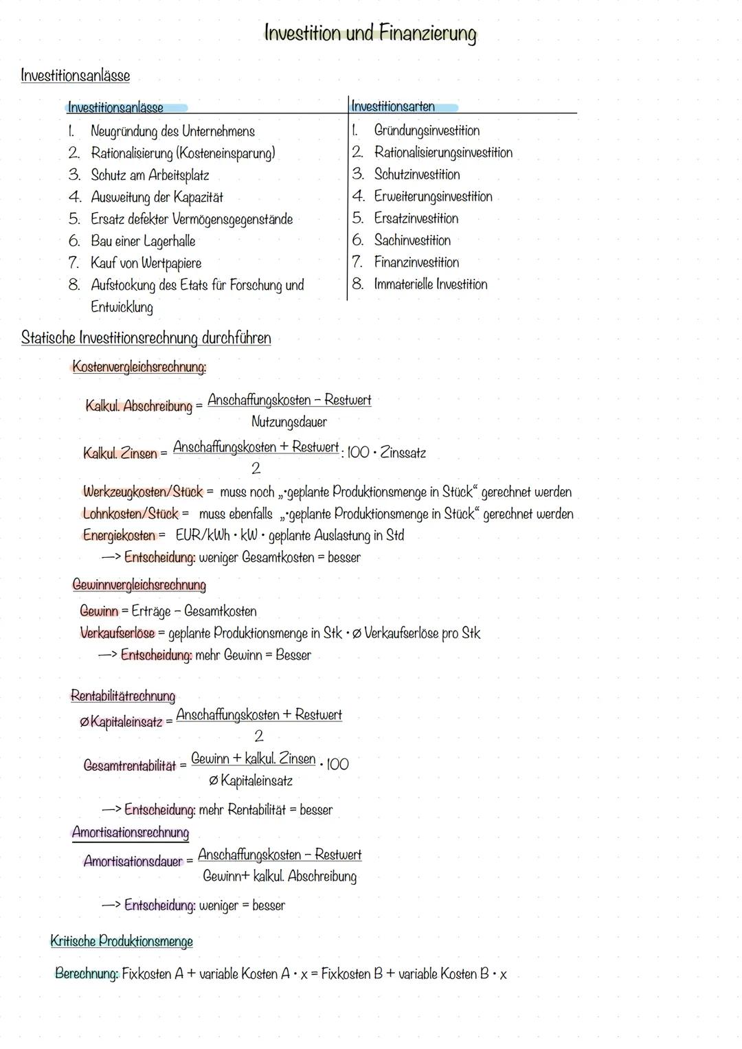 # Investition und Finanzierung
Investitionsanlässe
Investitionsanlässe
1. Neugründung des Unternehmens
2. Rationalisierung (Kosteneinsparu