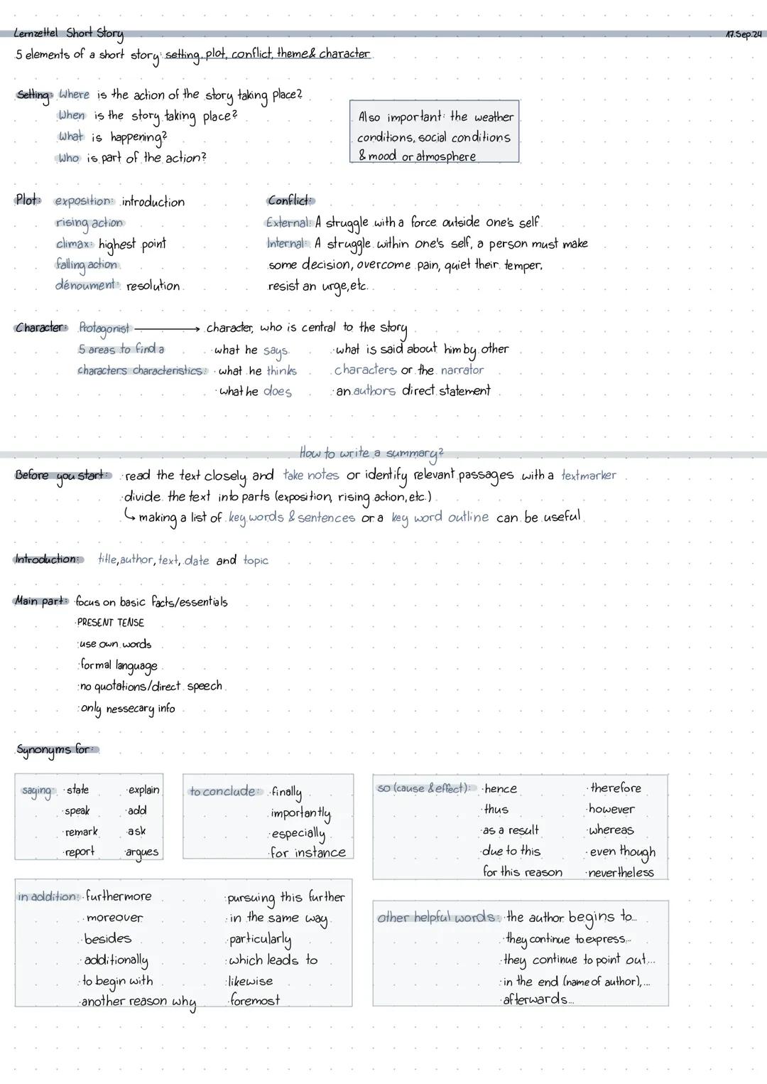 Lernzettel Short Story
5 elements of a short story: setting, plot, conflict, theme & character.
Setting: Where is the action of the story ta