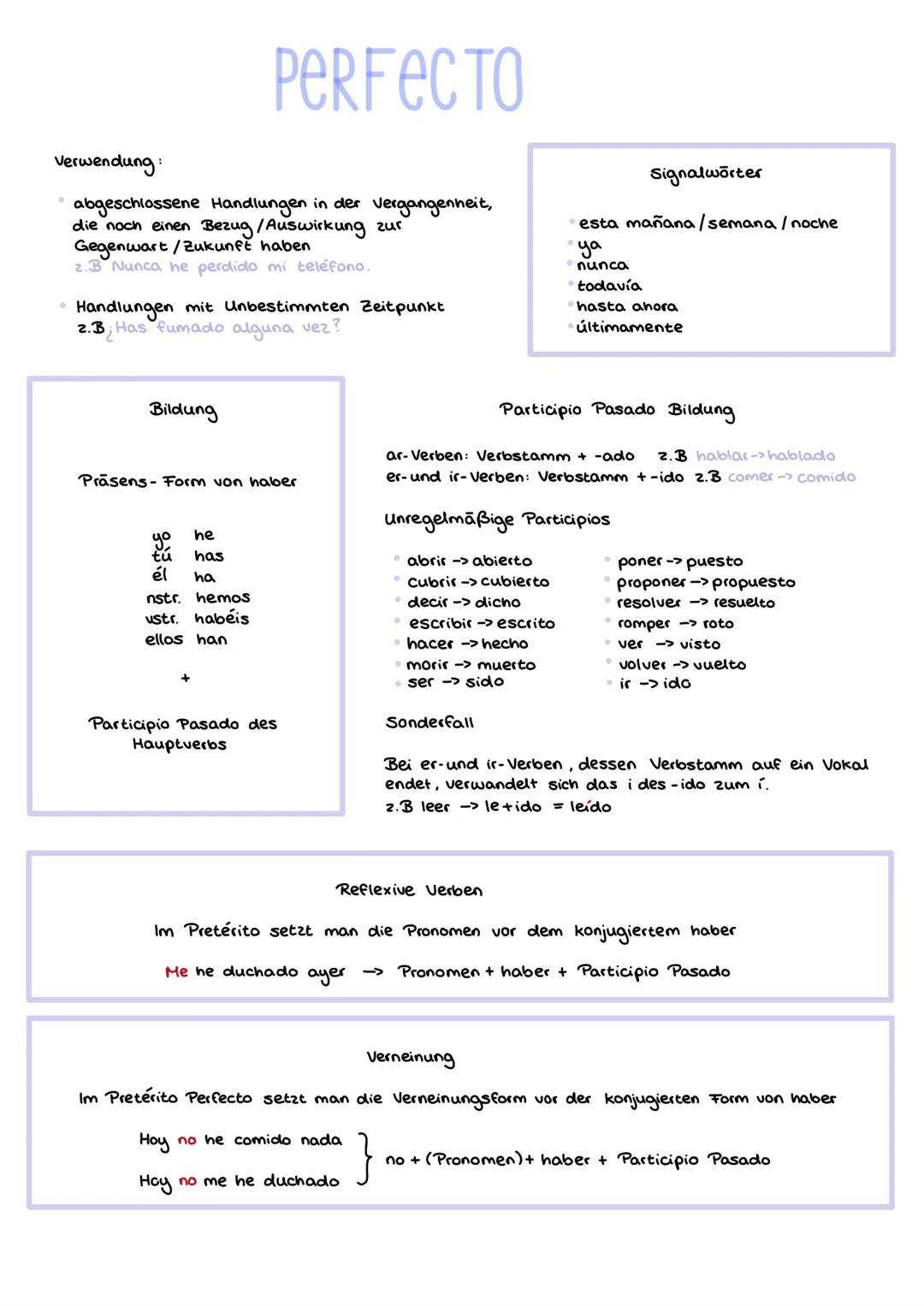 PERFECTO
Verwendung
abgeschlossene Handlungen in der vergangenheit,
die noch einen Bezug/Auswirkung zur
Gegenwart/Zukunft haben
2.B Nunca he
