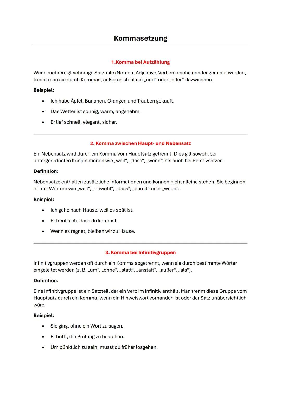 Kommasetzung
1.Komma bei Aufzählung
Wenn mehrere gleichartige Satzteile (Nomen, Adjektive, Verben) nacheinander genannt werden,
trennt man s