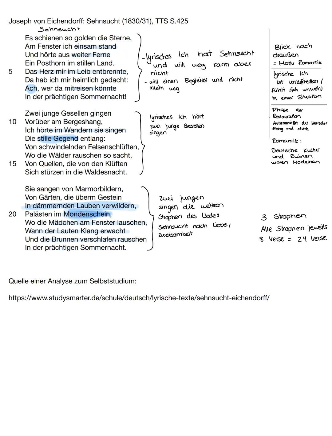 Joseph von Eichendorff: Sehnsucht (1830/31), TTS S.425
Sehnsucht
Es schienen so golden die Sterne,
Am Fenster ich einsam stand
Und hörte au
