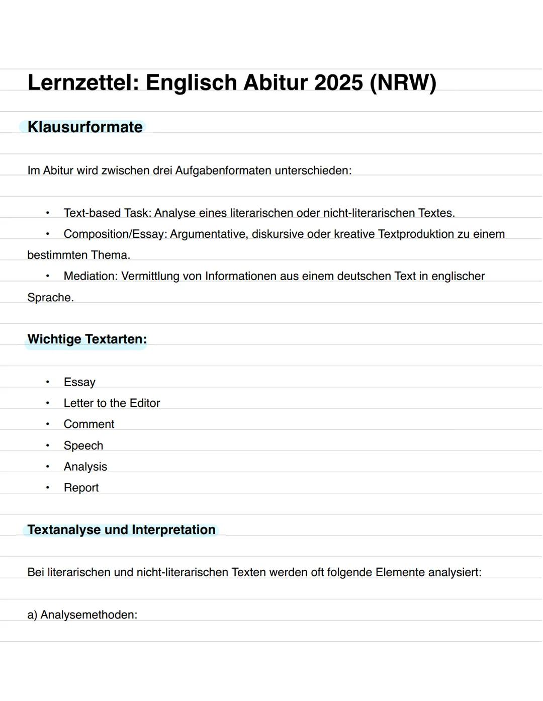 Englisch Abitur 2025 NRW Lernzettel