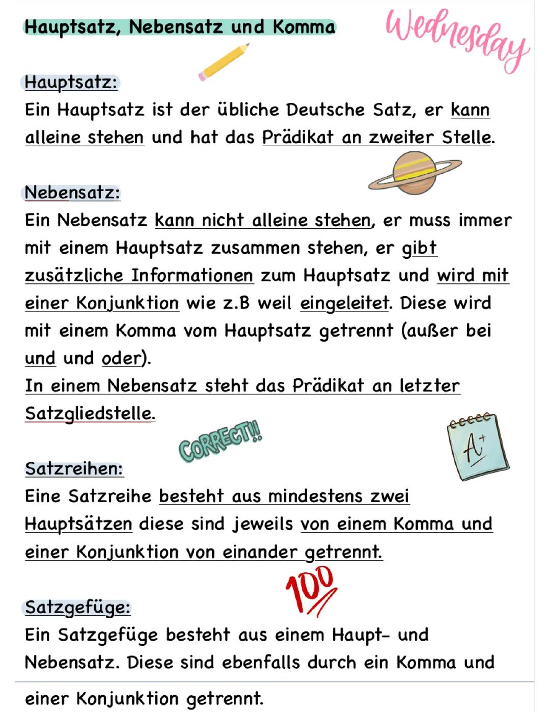 Hauptsatz, Nebensatz und Komma - Deutsch 5/6/7 Klasse