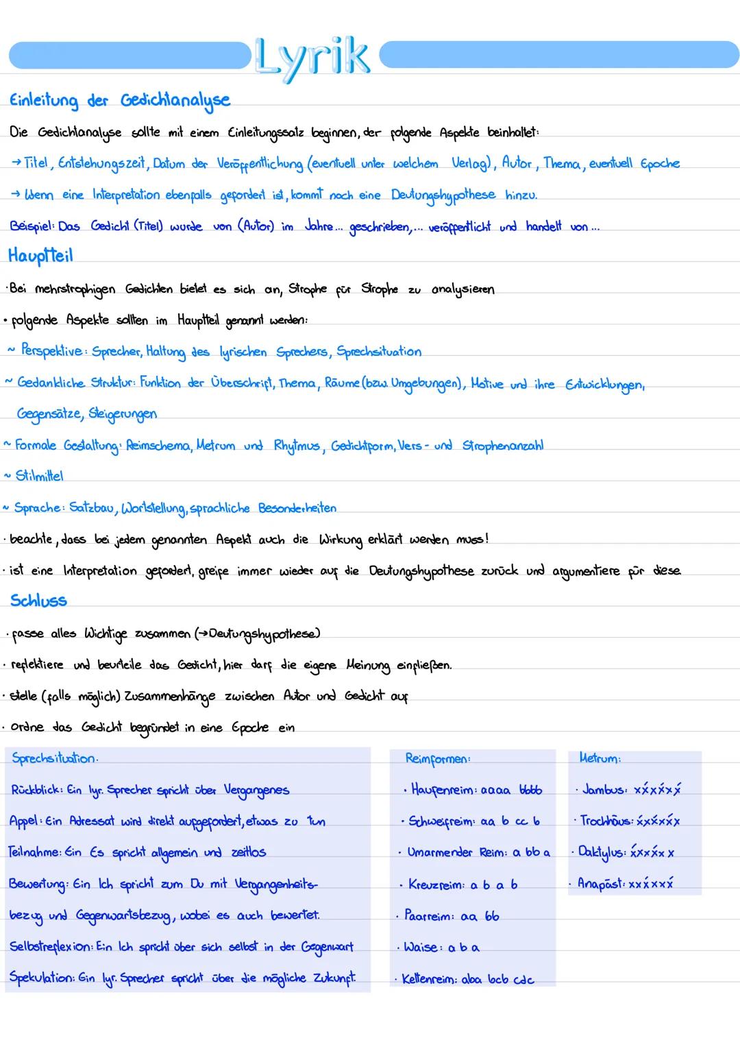 Einleitung der Gedichtanalyse
Lyrik
Die Gedichtanalyse sollte mit einem Einleitungssatz beginnen, der folgende Aspekte beinhaltet:
→Titel, E