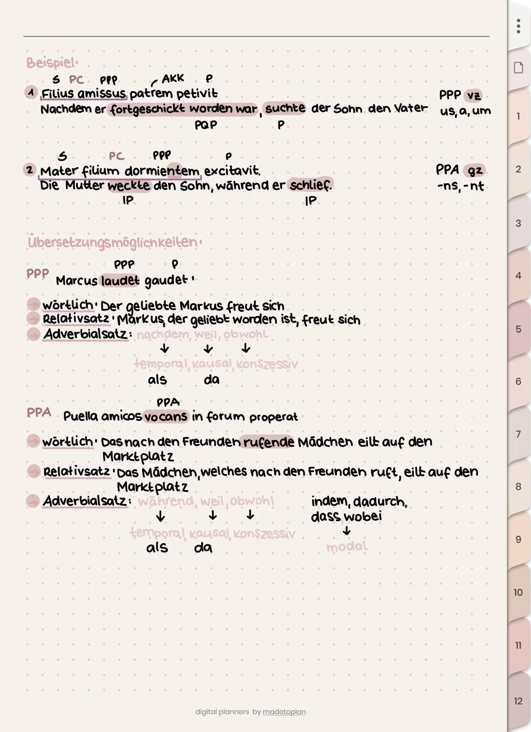 Latein wiederholung
Grundlagen
Nomen deklinieren
GRAMMATIK
Es gibt im Lat folgende Genis fim,n,
Es gibt die A-DEKL (f), die O-DEKL (m, n)
Bs