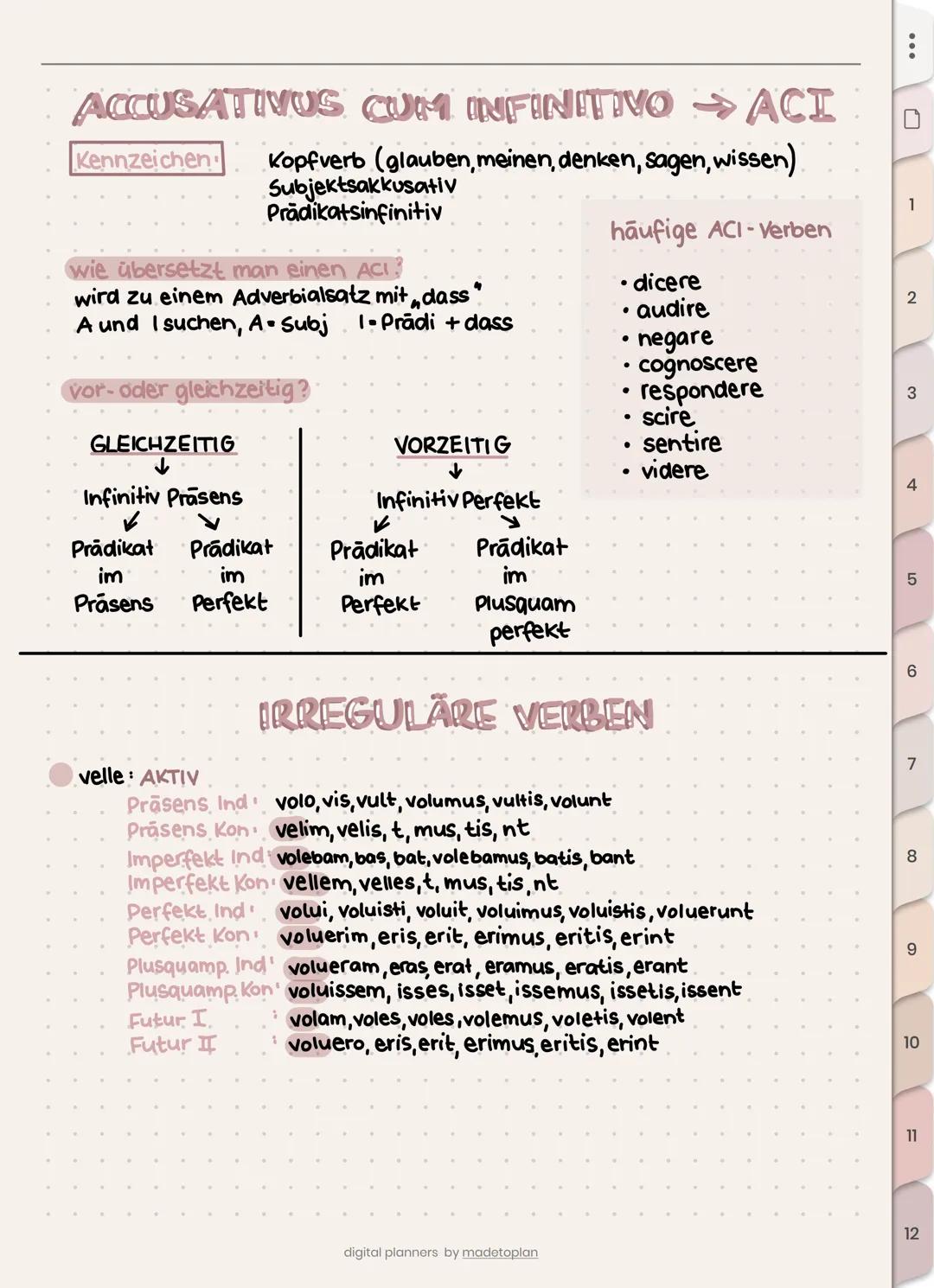 Latein wiederholung
Grundlagen
Nomen deklinieren
GRAMMATIK
Es gibt im Lat folgende Genis fim,n,
Es gibt die A-DEKL (f), die O-DEKL (m, n)
Bs