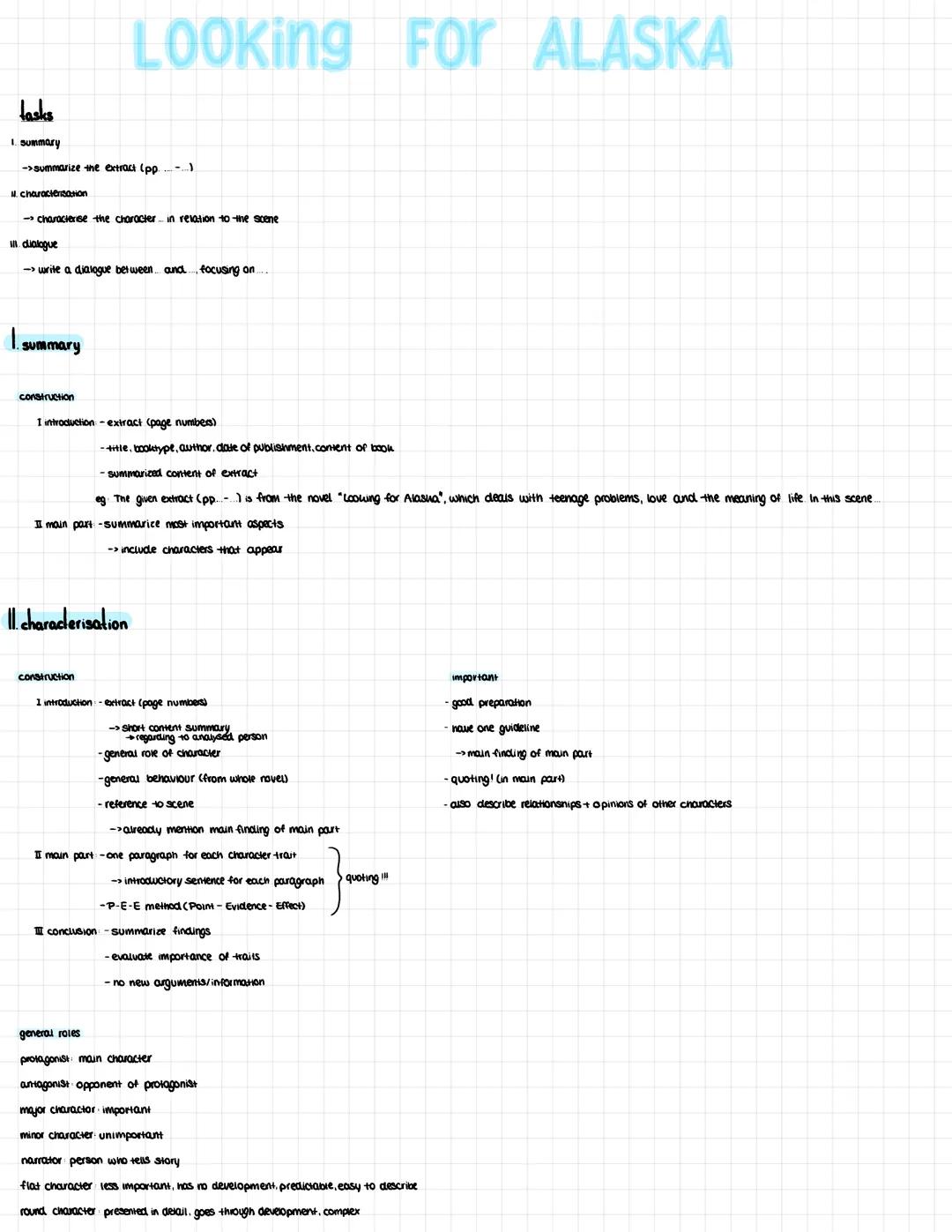 # Looking For ALASKA
tasks
1. summary
->summarize the extract (pp)
# charactentation
characterise the character relation to the scene