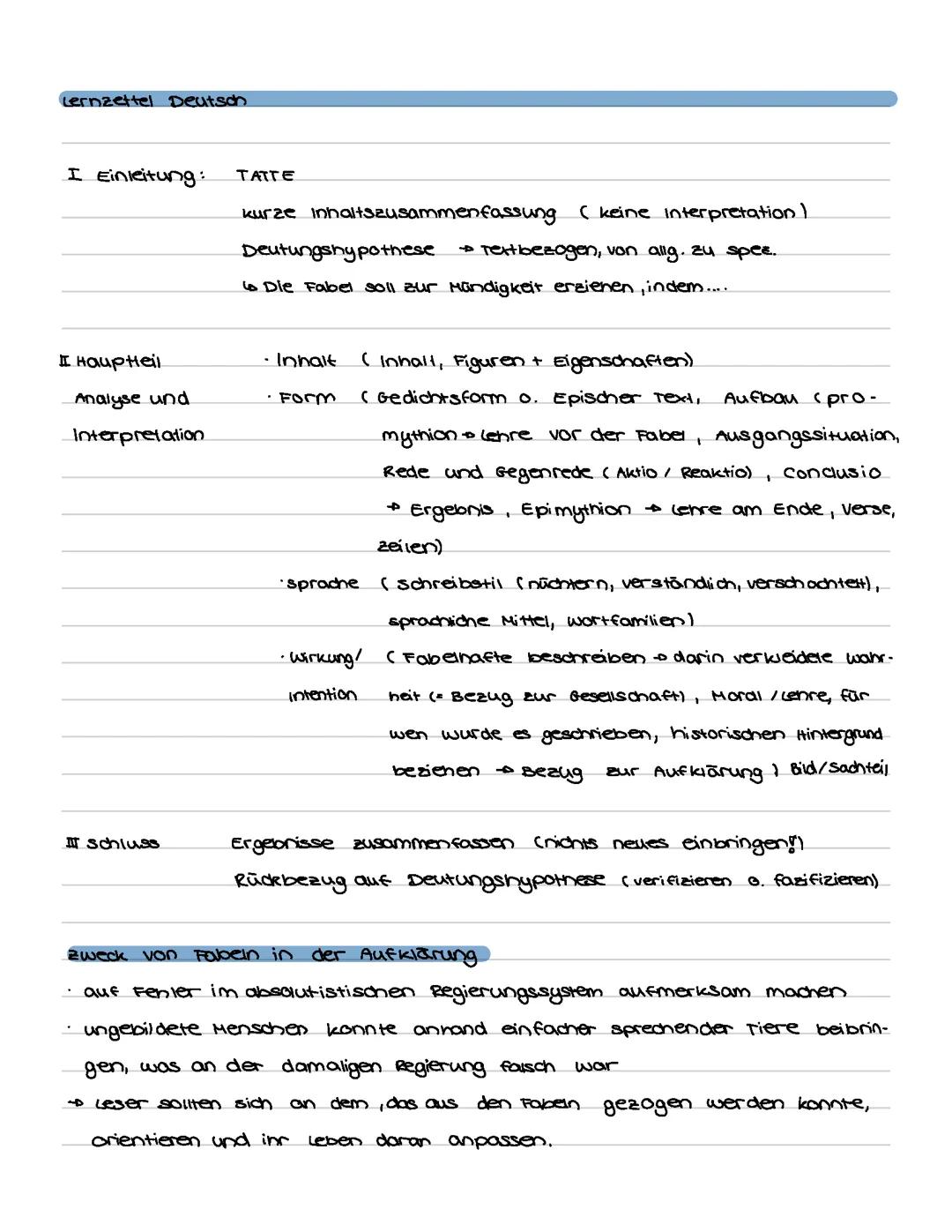 Lernzettel Fabeln / Aufklärung