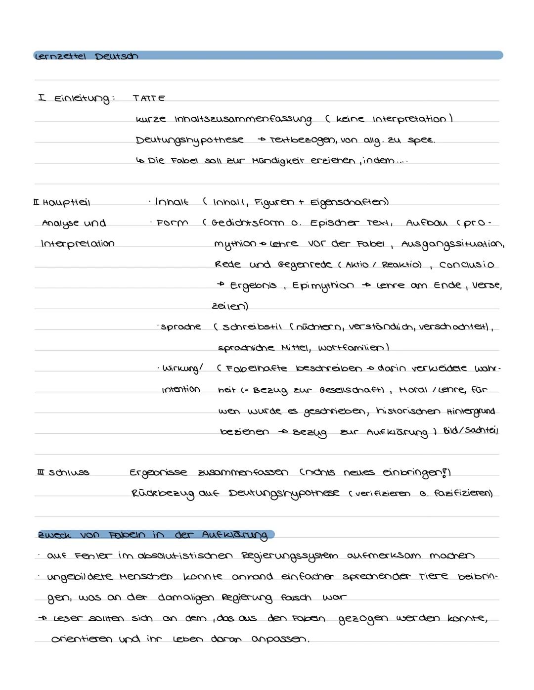 Lernzettel Deutsch
I Einleitung:
TATTE
kurze Inhaltszusammenfassung
Deutungshypothese
( keine interpretation)
Textbezogen, von allg. zu spez