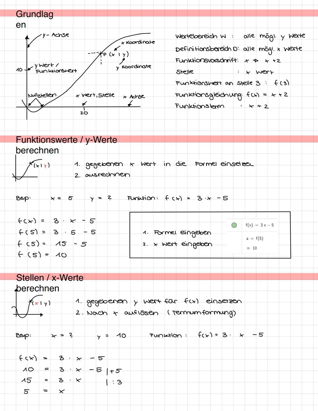 Grundlag
en
-y-Achse
10*
y wert/
Funktionswert
Wertebereich w :
x Koordinate
alle mögl. y Werte
(L)
Definitionsbereich D: alle mög!. & Werte