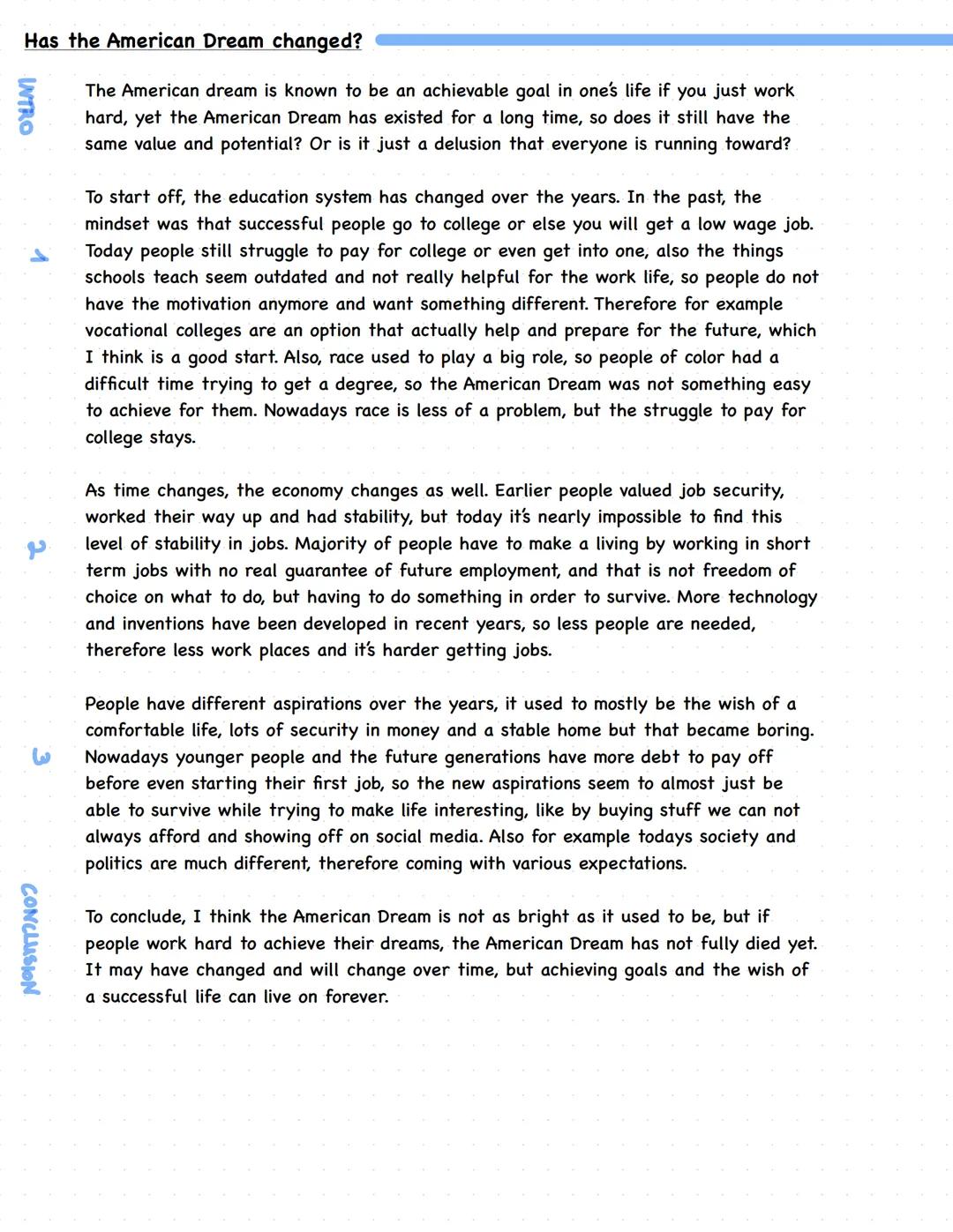 Has the American Dream changed?
INTRO
CONCLUSION
The American dream is known to be an achievable goal in one's life if you just work
hard, y