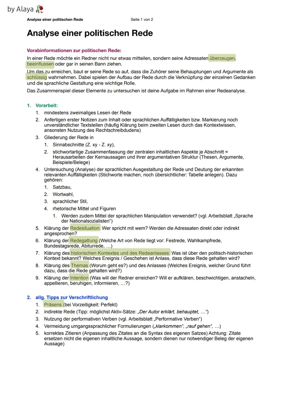 by Alaya
Analyse einer politischen Rede
Seite 1 von 2
Analyse einer politischen Rede
Vorabinformationen zur politischen Rede:
In einer Rede