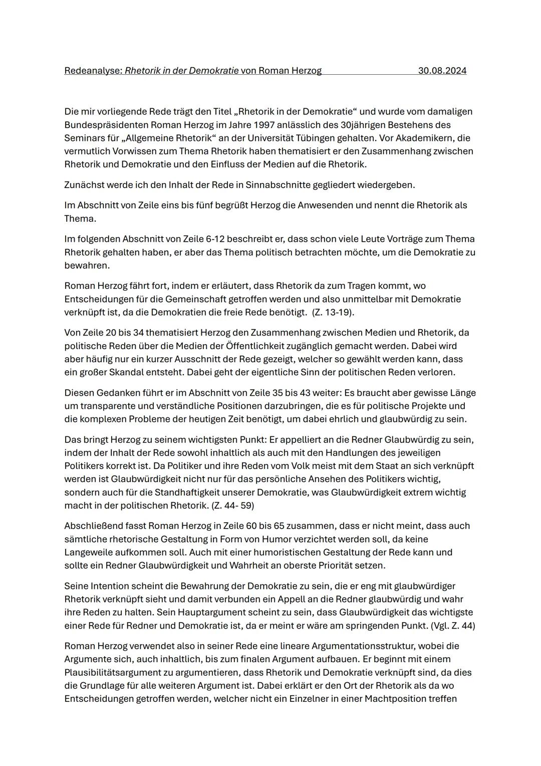 Redeanalyse: Rhetorik in der Demokratie von Roman Herzog
30.08.2024
Die mir vorliegende Rede trägt den Titel,,Rhetorik in der Demokratie" u