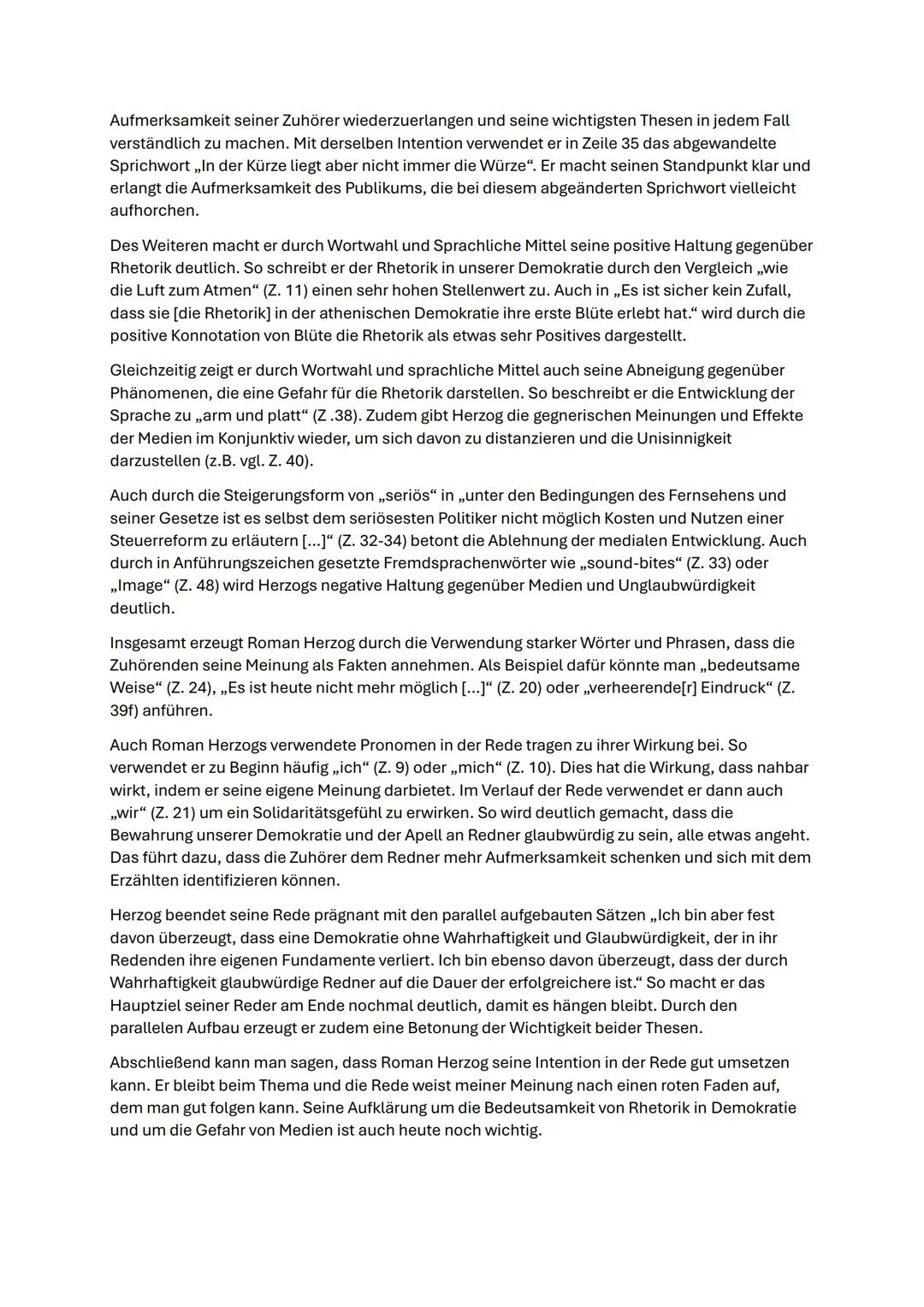 Redeanalyse: Rhetorik in der Demokratie von Roman Herzog
30.08.2024
Die mir vorliegende Rede trägt den Titel,,Rhetorik in der Demokratie" u